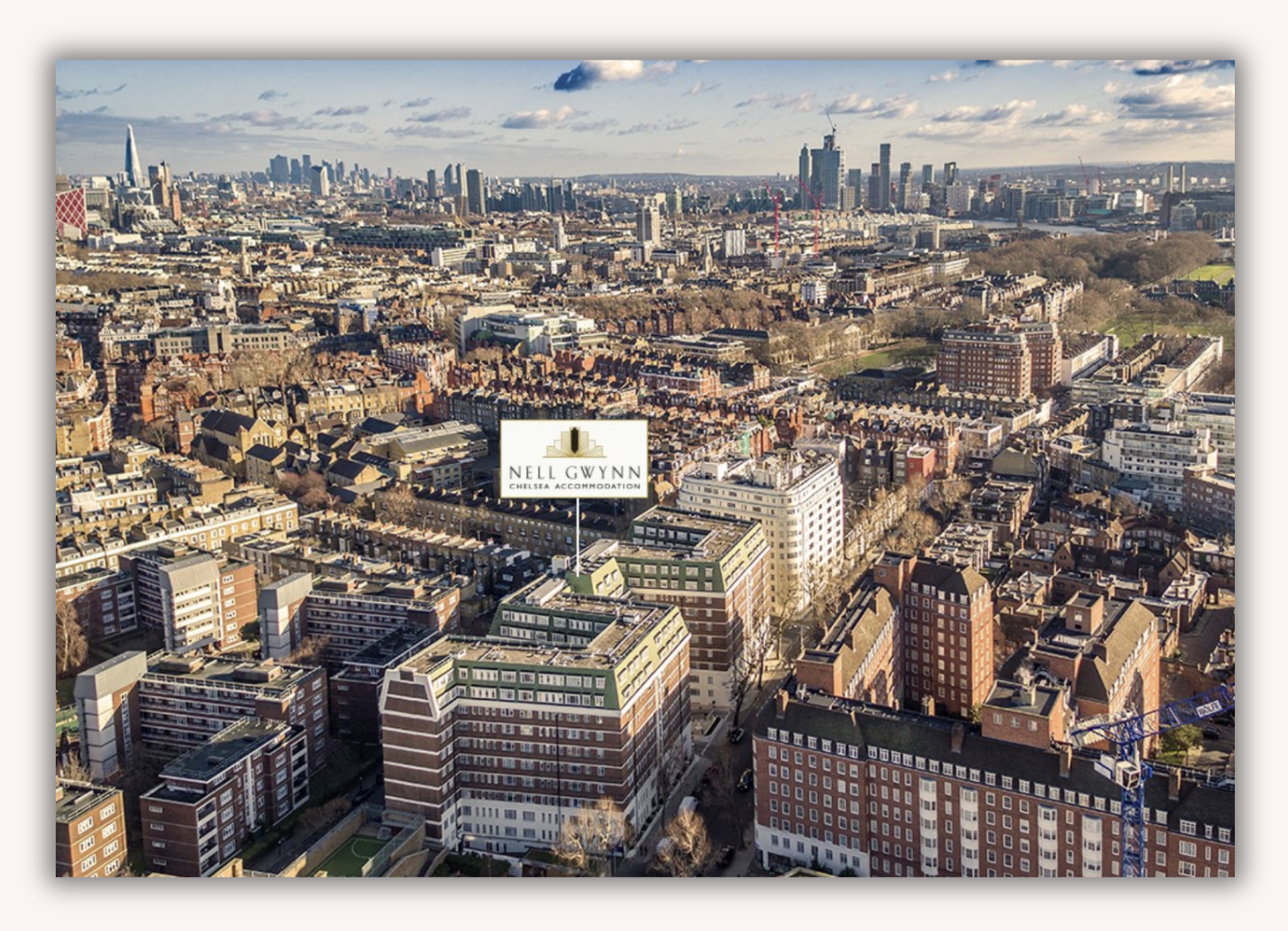 Aerial view of central London showing the Thames and surrounding landmarks